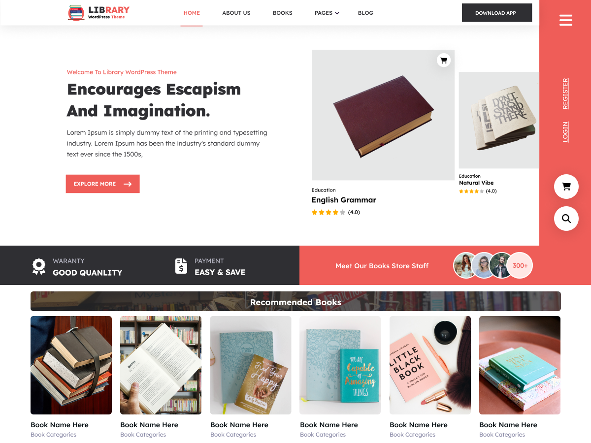 Library WordPress theme homepage template with book store hero section and product grid