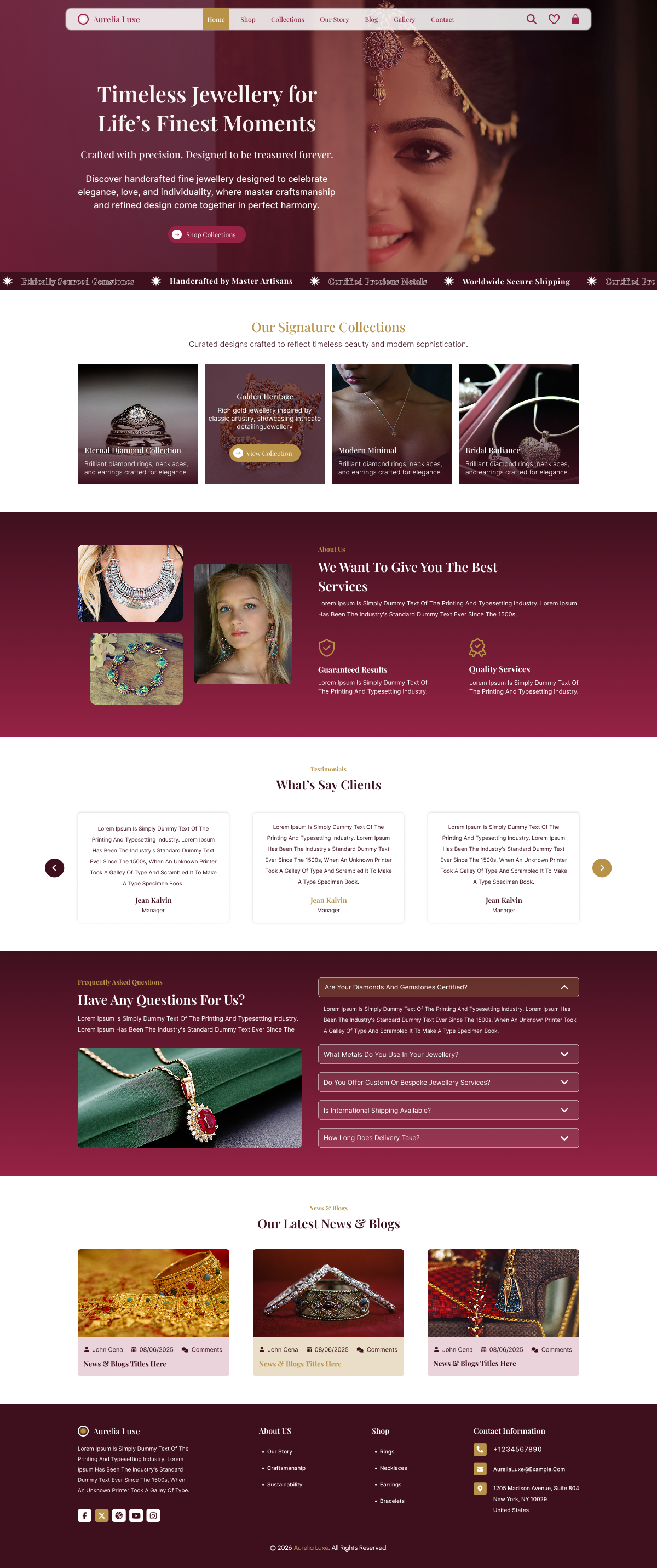 Jewelry store homepage template with hero banner, product collections, testimonials, and blog section