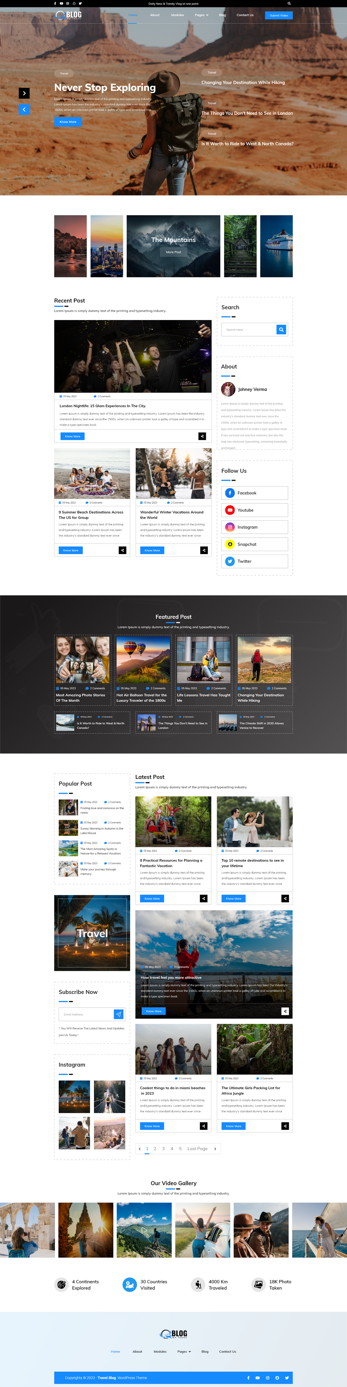 Lifestyle WordPress theme blog homepage layout with travel hero banner and post grid