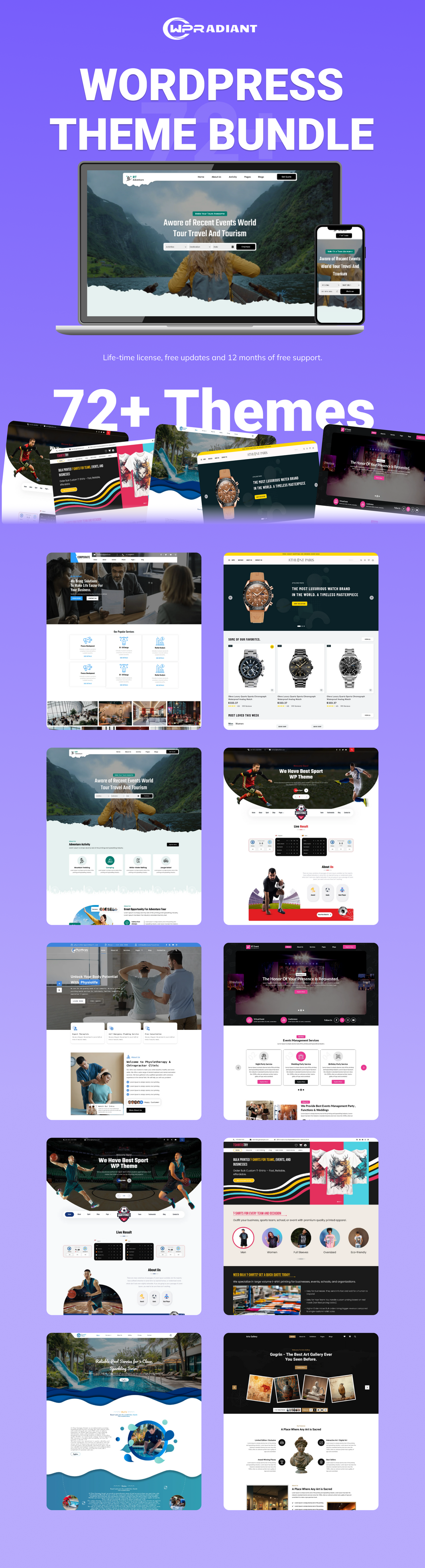 WPRadiant WordPress theme bundle banner showing 72+ themes and website templates