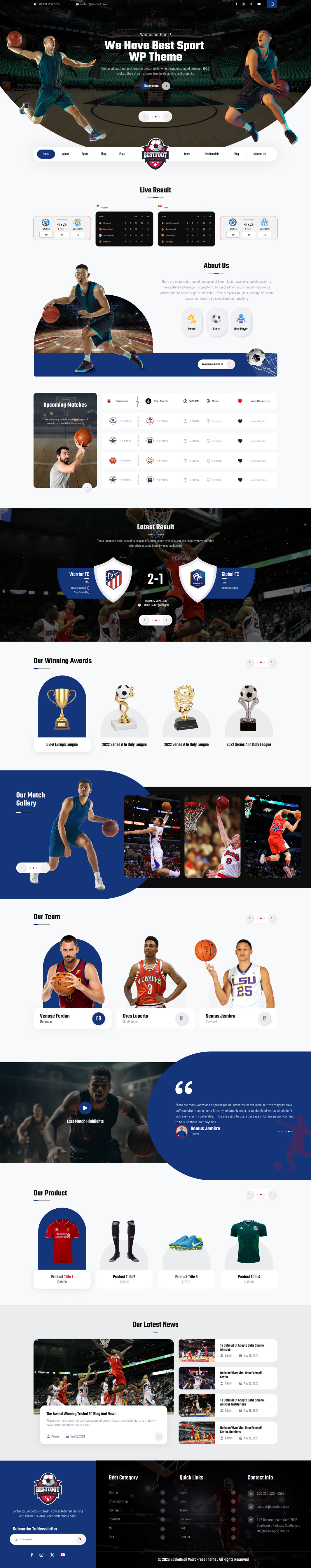 Basketball club WordPress theme homepage template with players, match results, team and shop sections