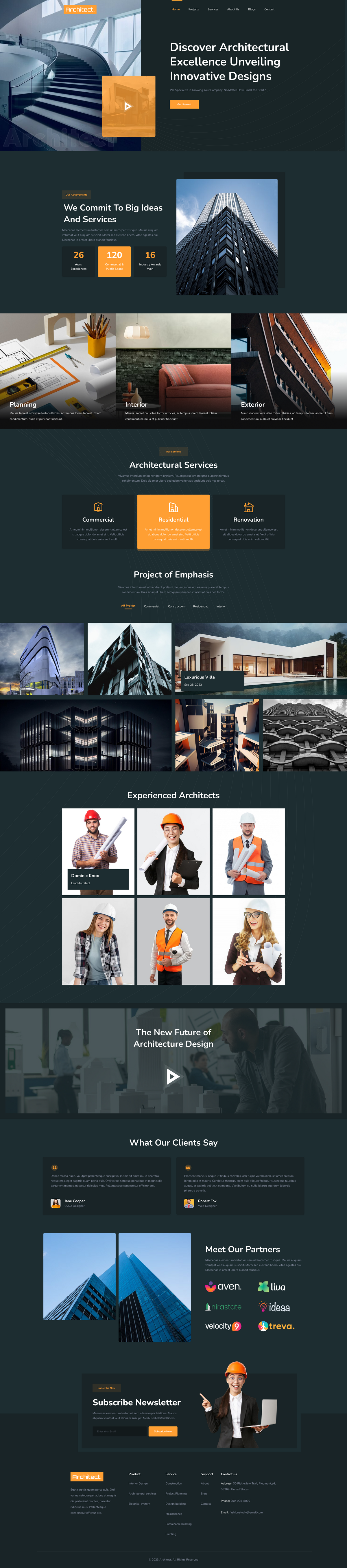 Building contractor WordPress theme homepage template with architectural services sections