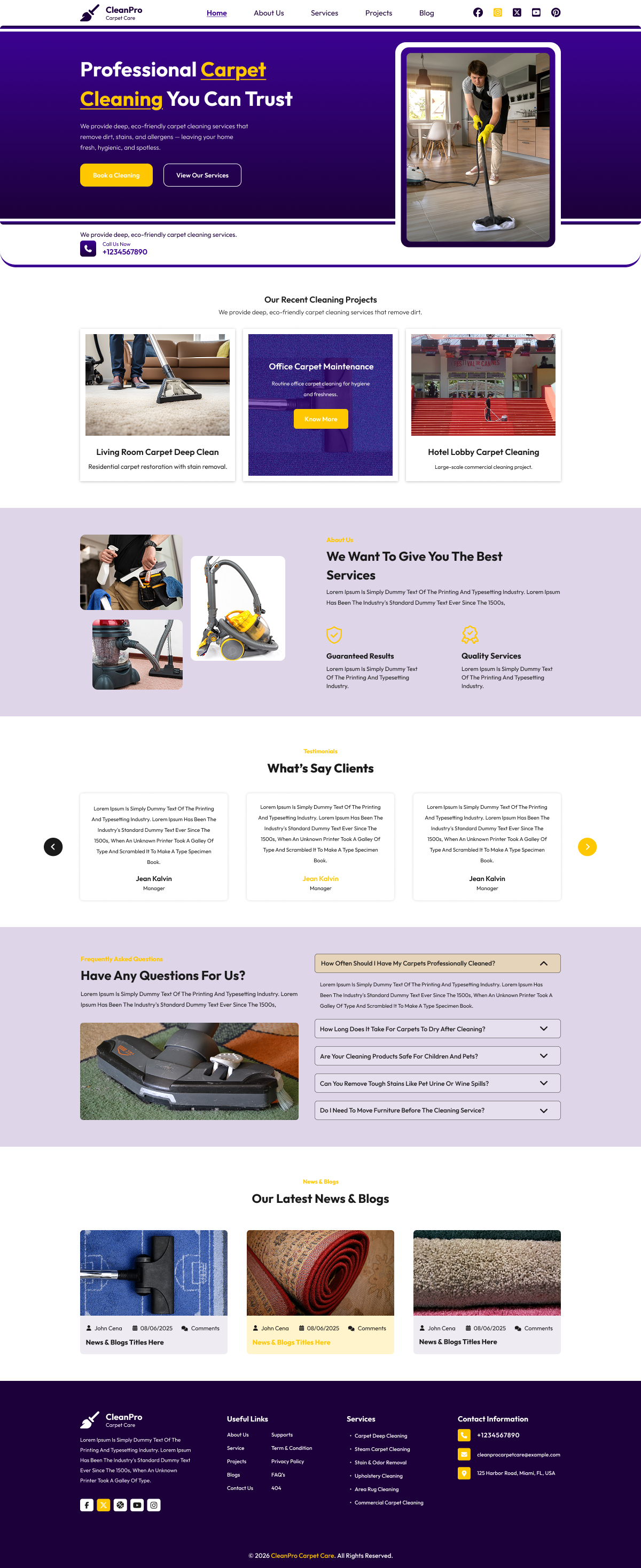 Professional carpet cleaning service webpage banner with cleaner vacuuming floor in kitchen