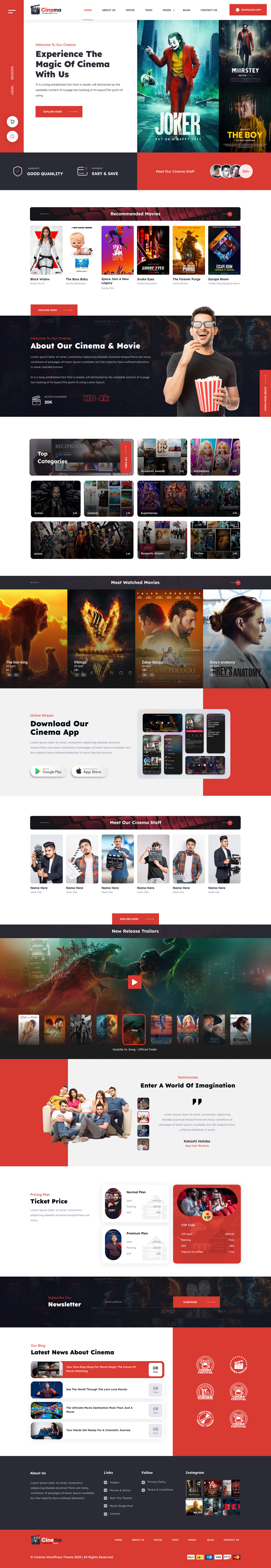 Cinema WordPress theme homepage demo with movie posters, categories, and app download section