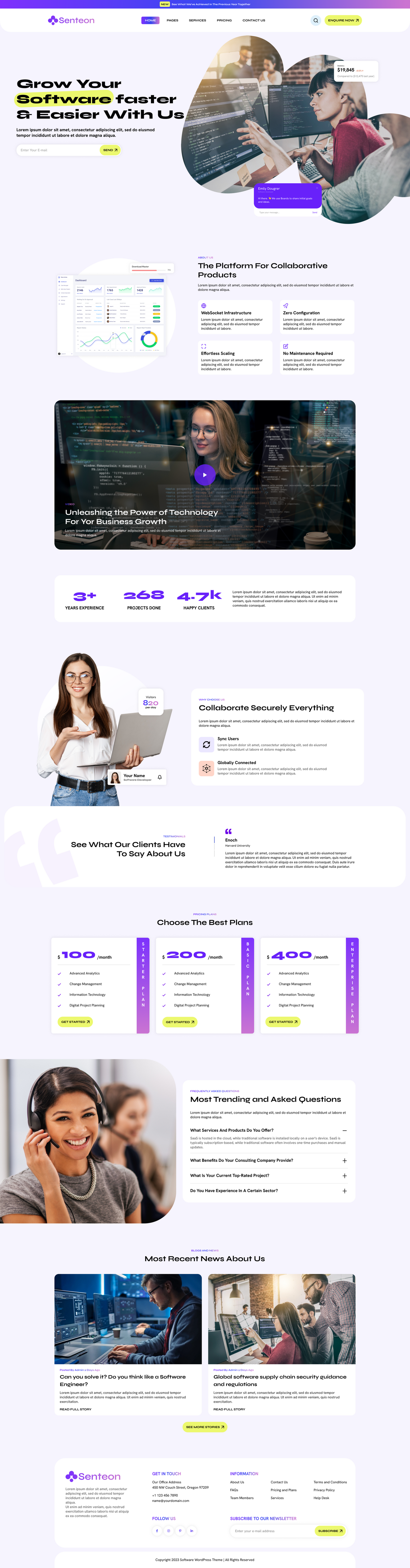 CMS WordPress theme landing page template with software development hero section and pricing plans