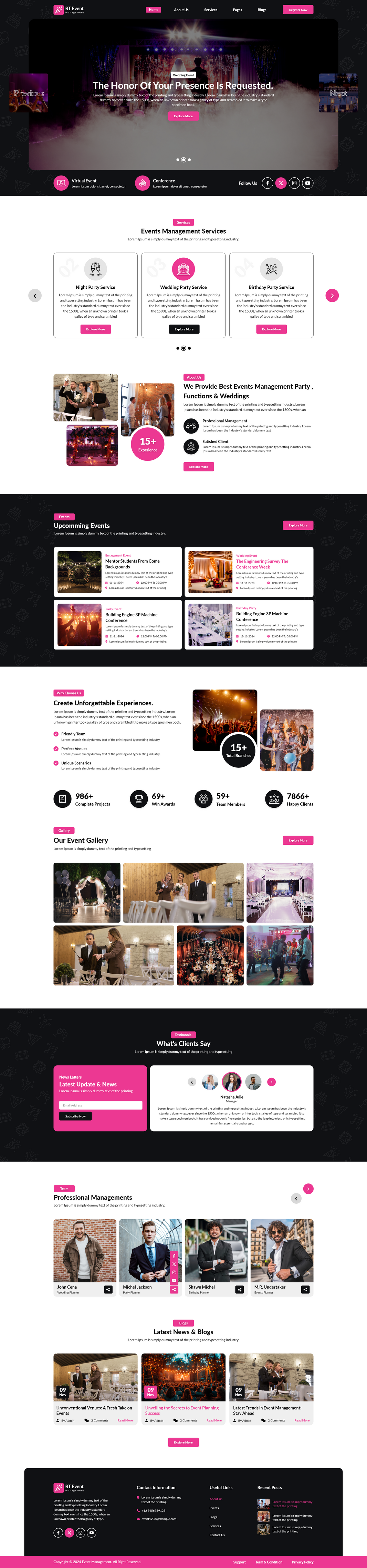 Event management WordPress theme homepage template with hero banner and service sections