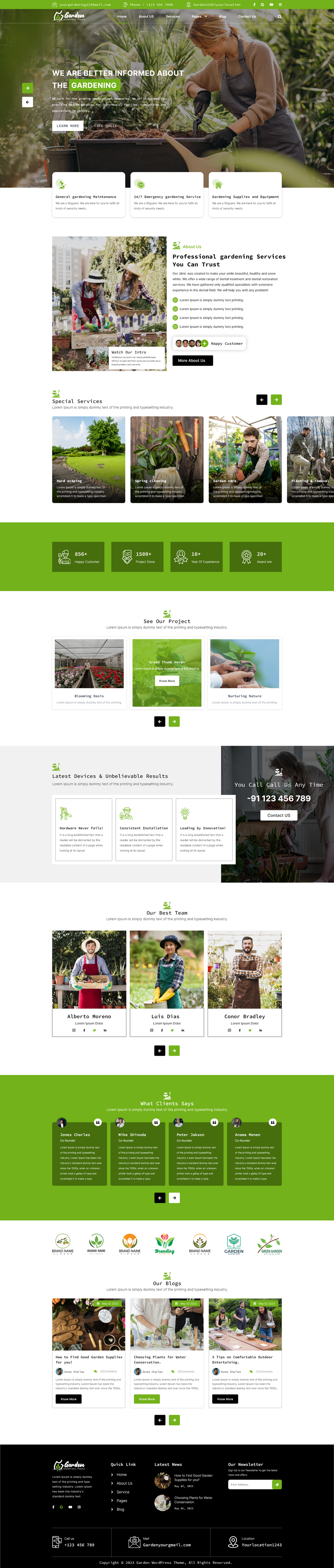 Farm WordPress theme homepage template for gardening services with green hero banner and sections