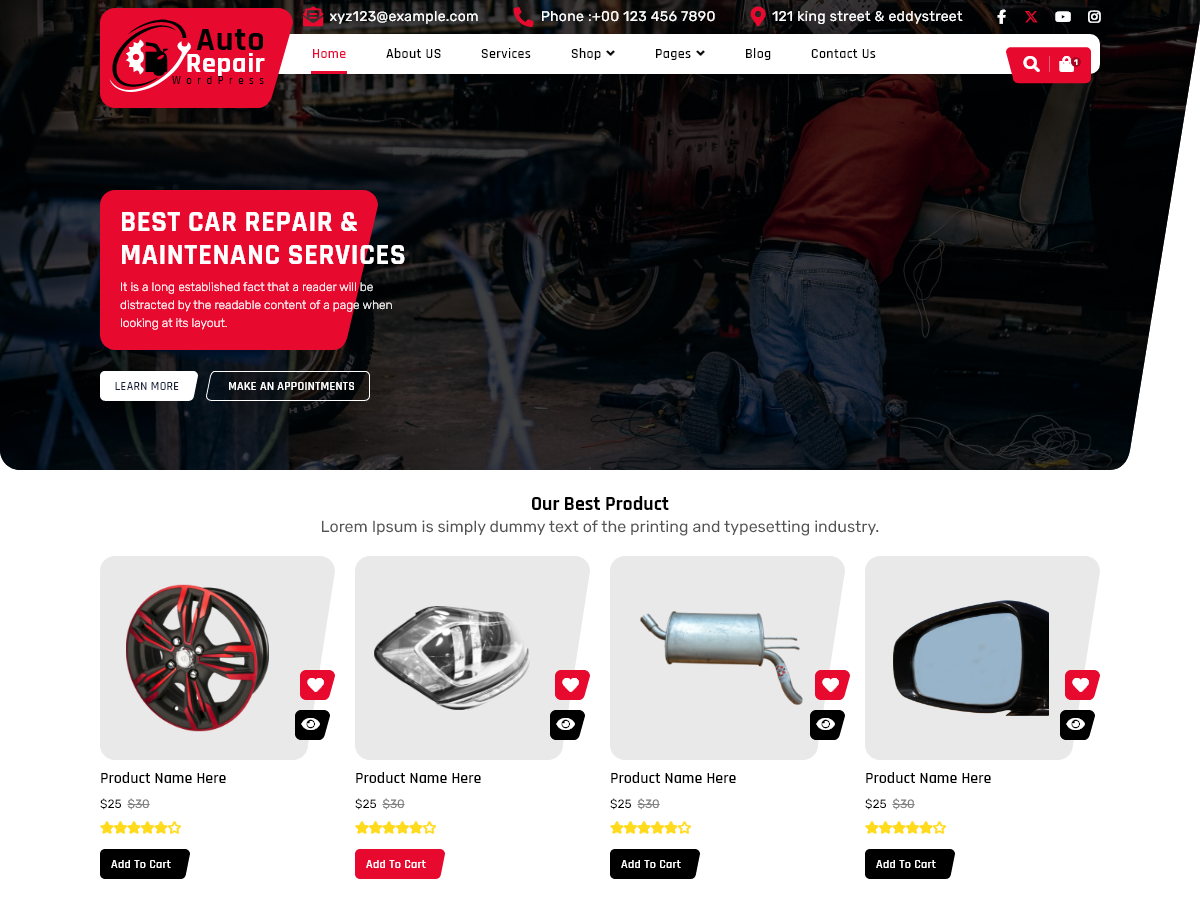 Auto Repair WordPress theme homepage template with car mechanic and product grid