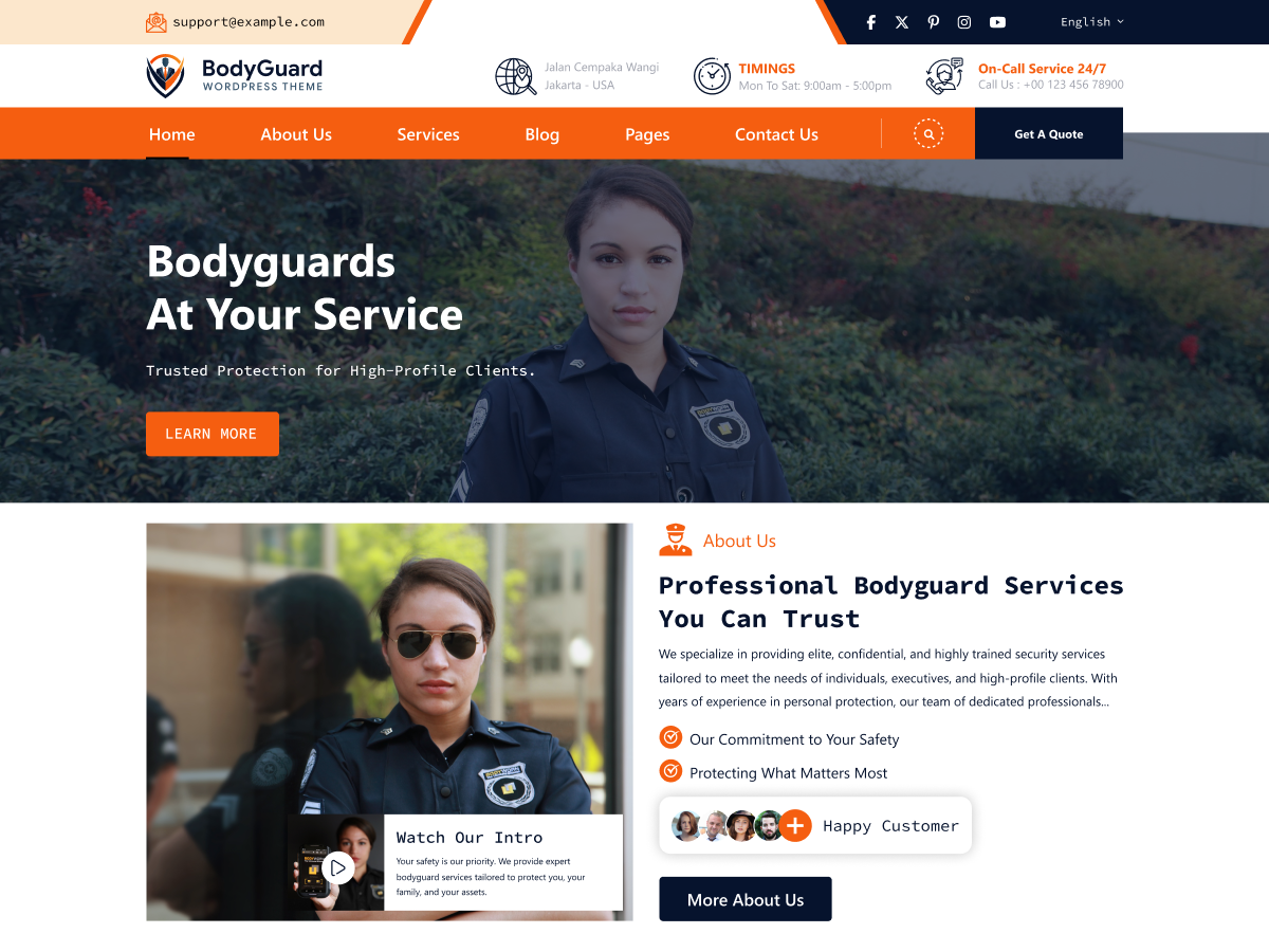 BodyGuard WordPress theme homepage template with bodyguard hero banner and service sections