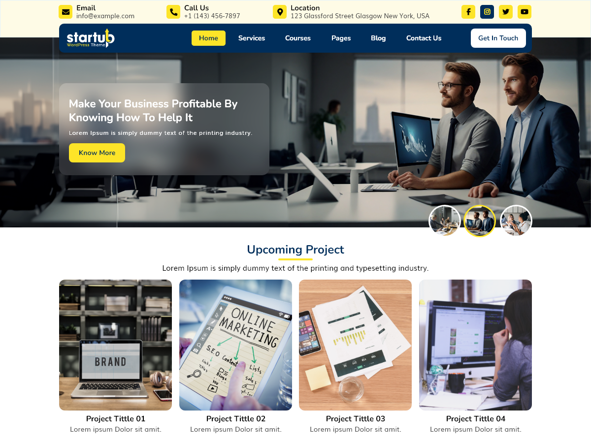 Startup business WordPress theme homepage template preview with hero banner and projects section