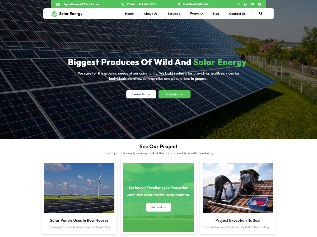 Renewable energy WordPress theme homepage template with solar panel hero banner and services section