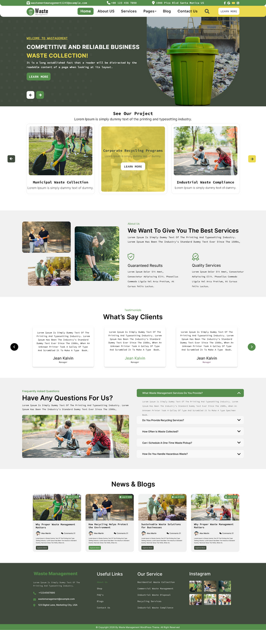 Waste disposal WordPress theme homepage template with green bin and waste collection sections