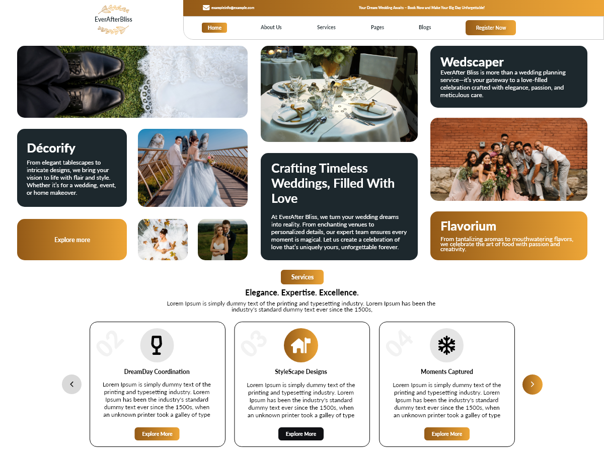 Free wedding WordPress theme homepage template preview with wedding photos and service sections