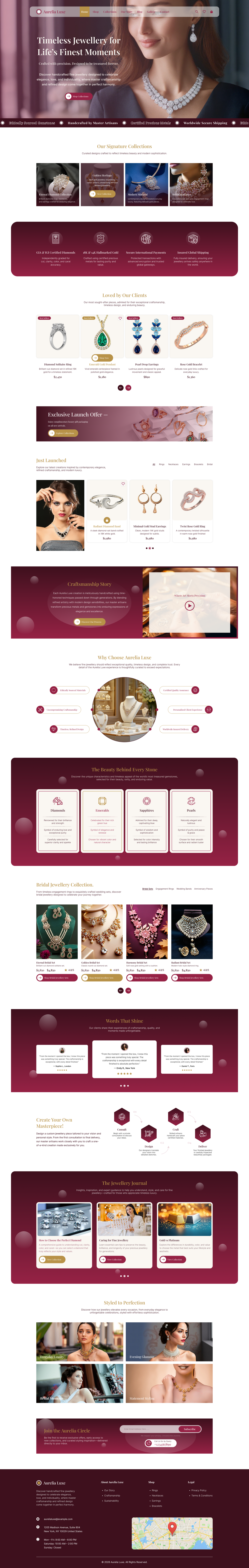 Jewelry store WordPress theme homepage template with product grid and burgundy design