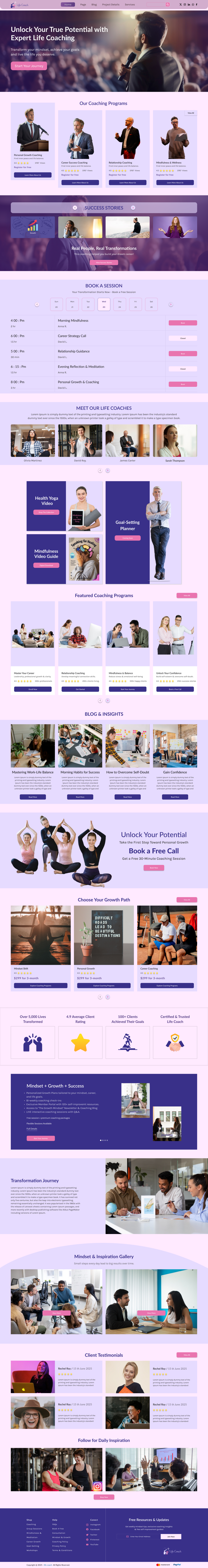 Life coach WordPress theme homepage template preview with purple coaching layout and sections