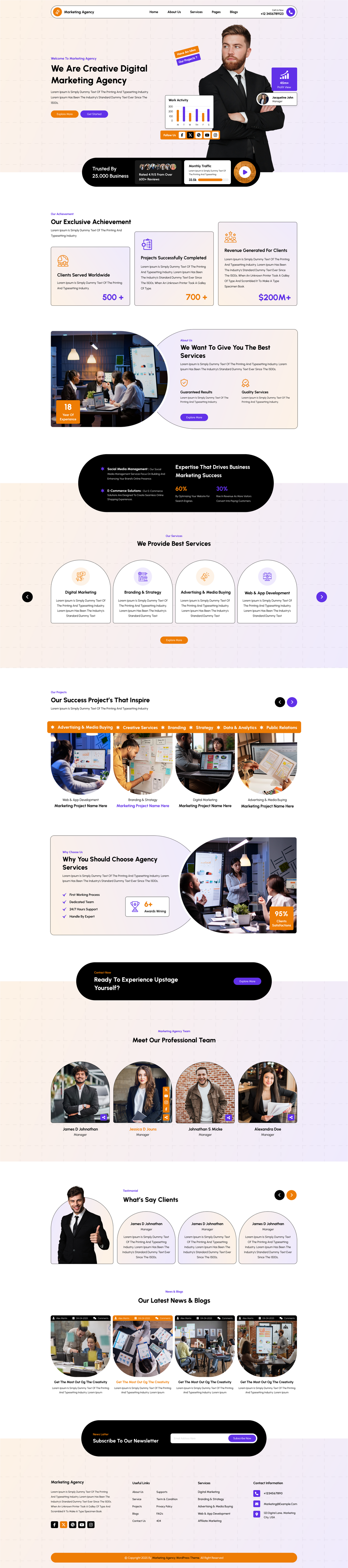 Marketing agency WordPress theme homepage template with hero banner and services sections