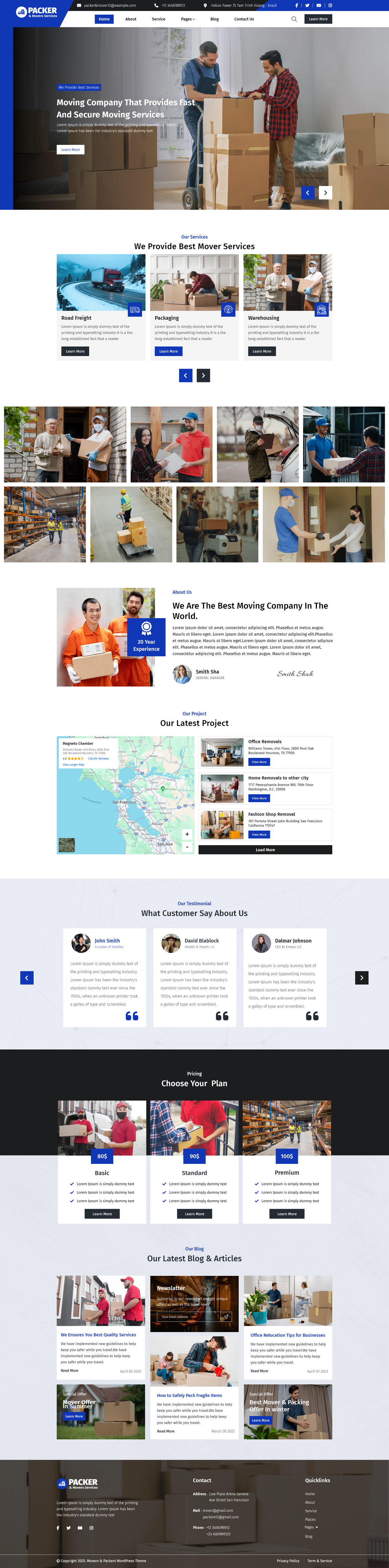 Packers and movers WordPress theme homepage template with moving services layout