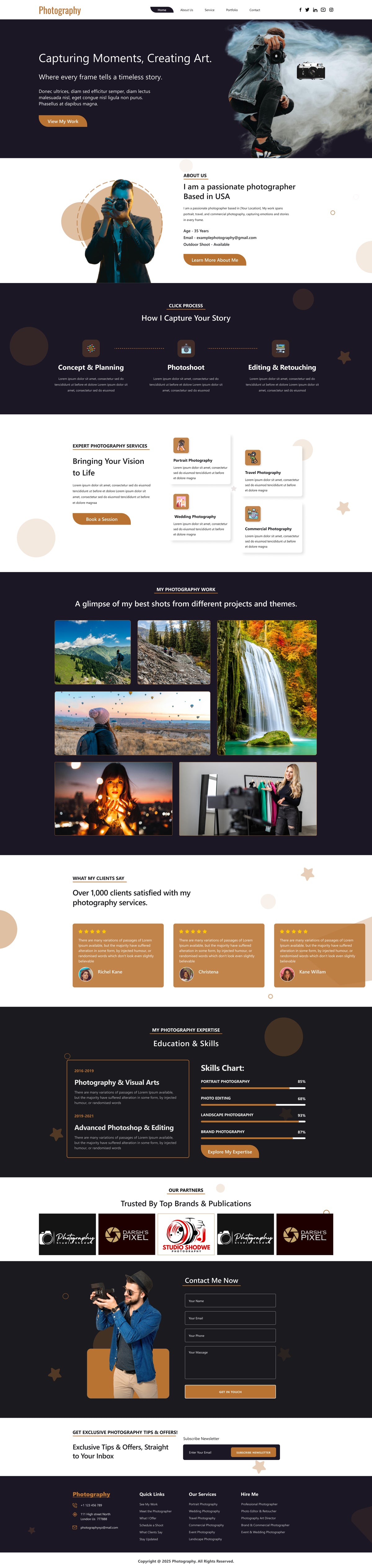 Photography WordPress theme homepage template with photographer hero section and portfolio gallery