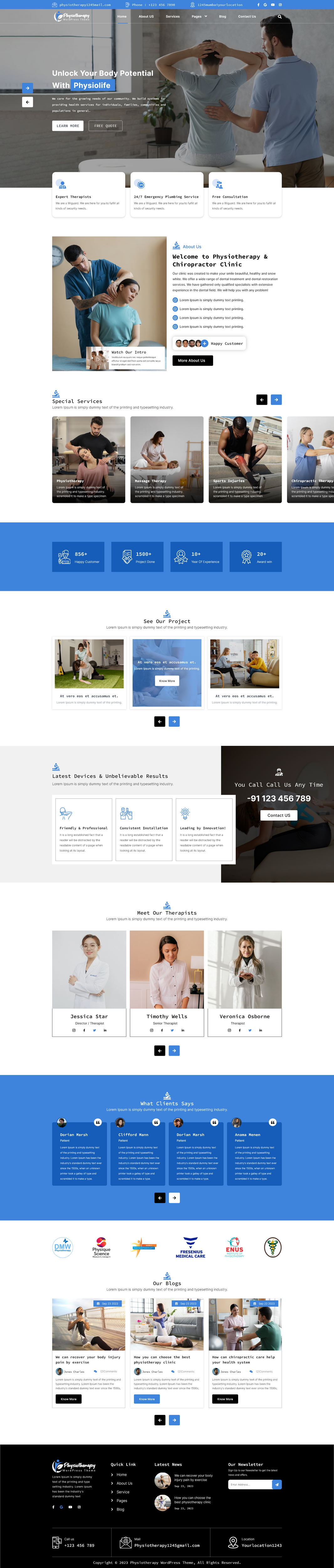 Physiotherapy clinic WordPress theme homepage template preview with therapist and patient