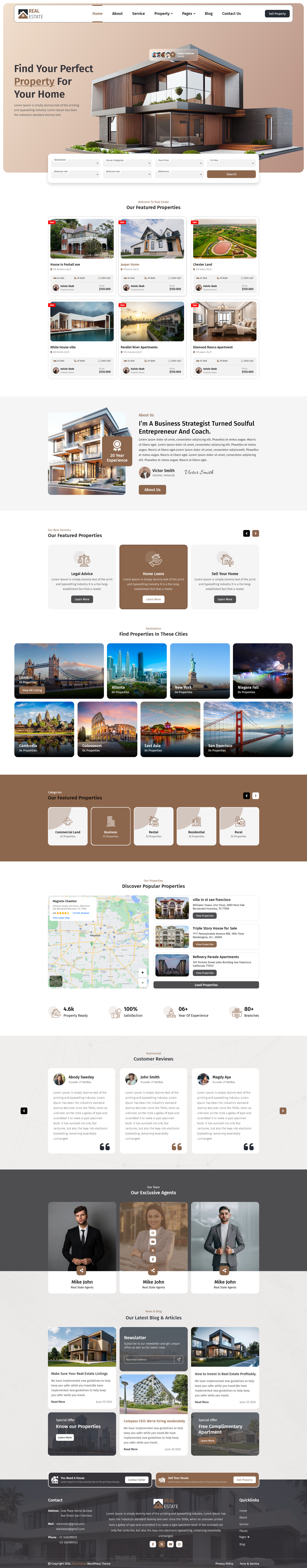 Property management WordPress theme homepage template with property listings and agent profiles