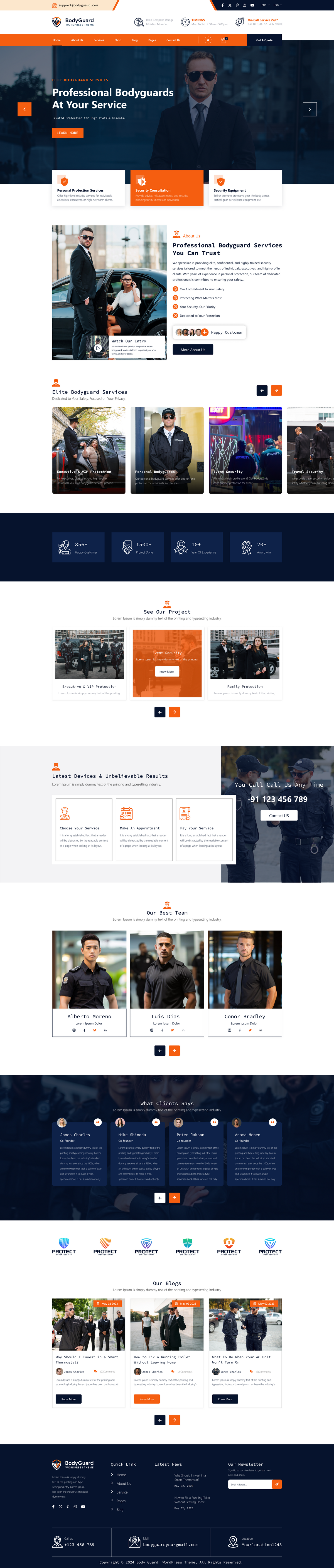 Security guard WordPress theme homepage template with bodyguard hero banner and services sections