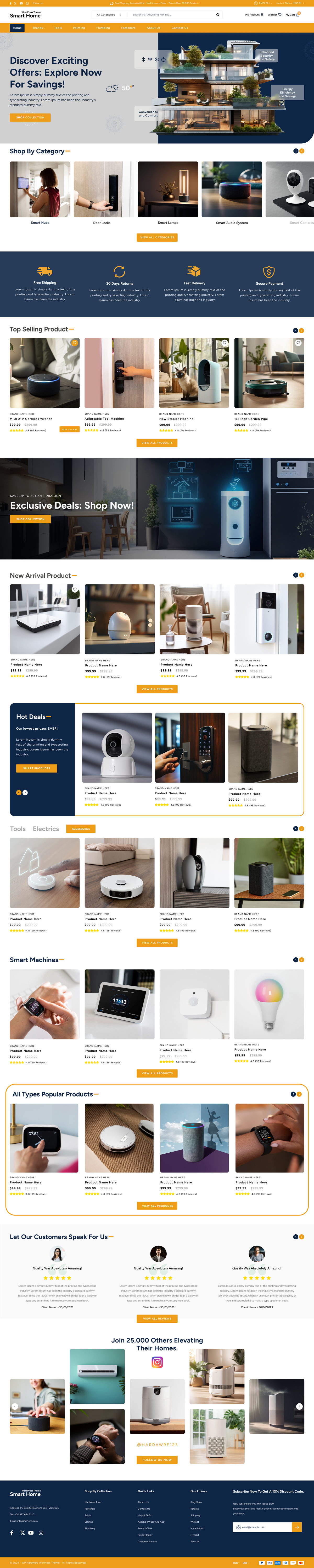 Smart home WordPress theme homepage template with product categories and smart device listings