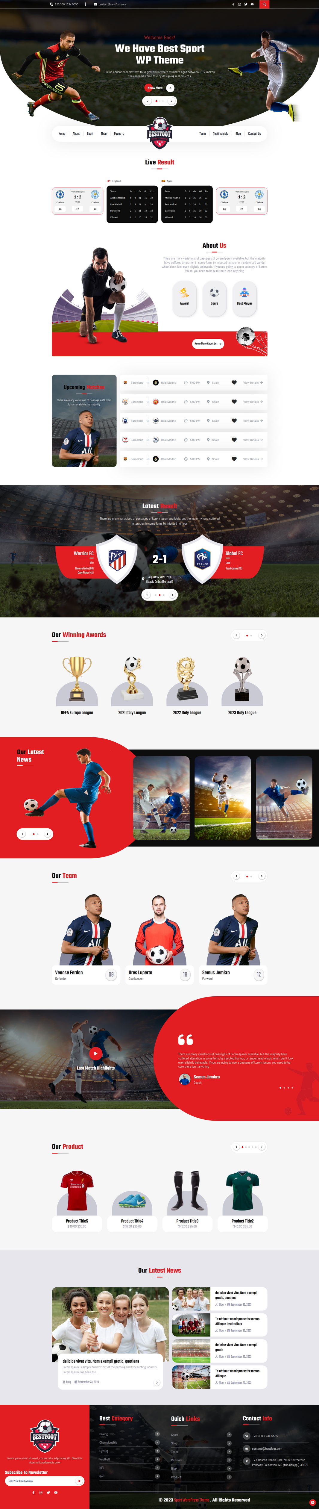 Soccer club WordPress theme homepage template with match results, team roster, and news sections