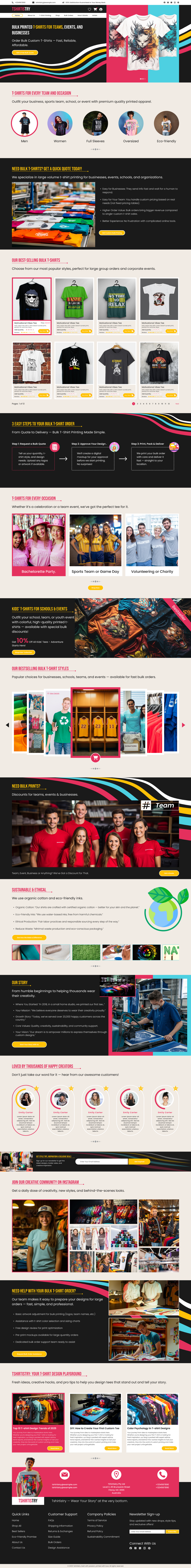 T-shirt printing WordPress theme homepage template preview with product gallery and testimonials