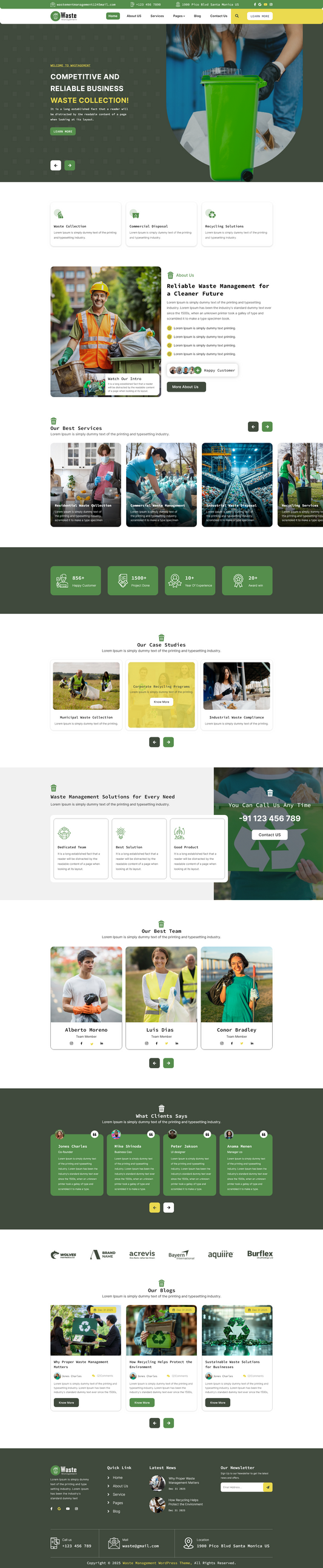 Waste management WordPress theme homepage template preview with green recycling bin