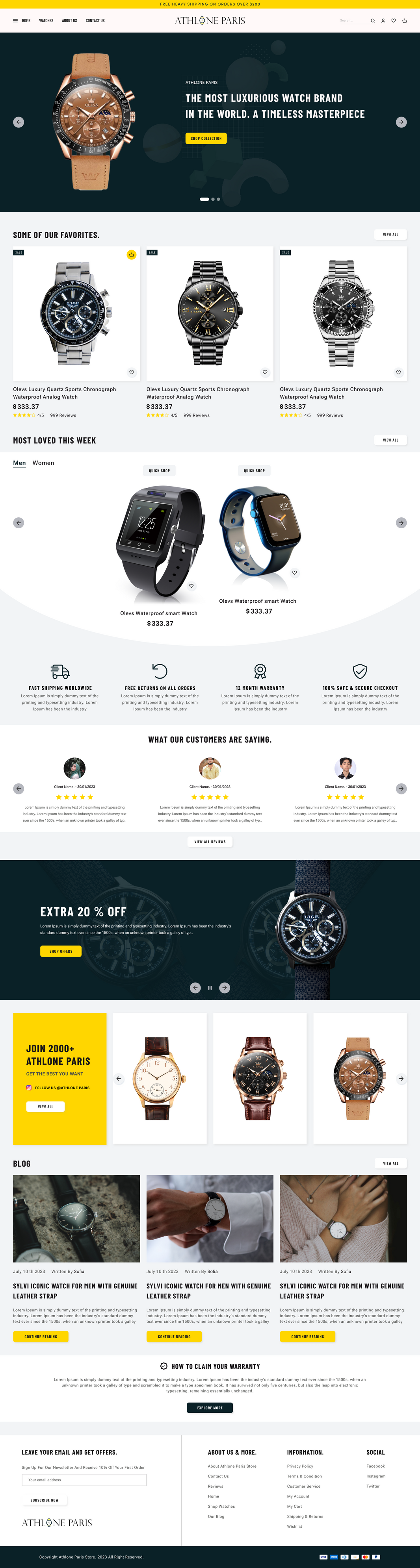 Watch store WordPress theme homepage template with luxury watches, product grid, and blog section